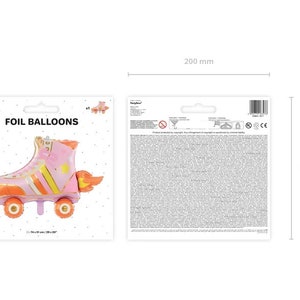 May include: A pink and orange foil balloon in the shape of a roller skate. The balloon has yellow stripes and a star design. The package is labeled "FOIL BALLOONS" and the dimensions are 29 x 20 inches.