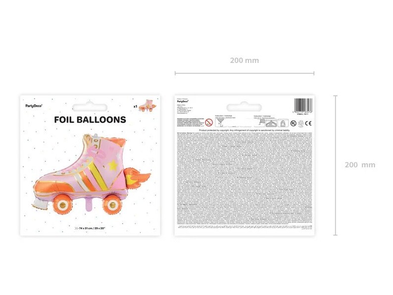 May include: A pink and orange foil balloon in the shape of a roller skate. The balloon has yellow stripes and a star design. The package is labeled "FOIL BALLOONS" and the dimensions are 29 x 20 inches.