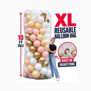 May include: An XL reusable balloon bag filled with white, gold, and pink balloons. The bag is 10 feet tall and features a built-in drawstring closure. The text on the image reads XL REUSABLE BALLOON BAG, 10 FT TALL!, and BUILT-IN DRAWSTRING.