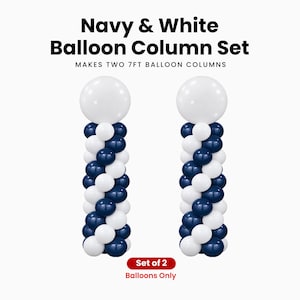 May include: Navy & White Balloon Column Set. Makes two 7ft balloon columns. Set of 2 Balloons Only. Two vertical columns constructed from alternating navy blue and white balloons, each topped with a single large white balloon sphere.