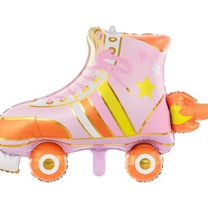 May include: A pink and orange roller skate-shaped balloon with gold accents. The balloon features a star and heart design, with a flame detail on the side. The wheels are orange, and the laces are pink.