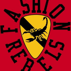 May include: A red graphic tee with the words "Fashion Rebels" in black text surrounding a yellow and black scorpion graphic.