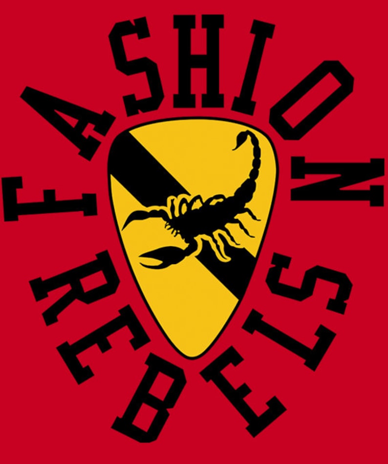 May include: A red graphic tee with the words "Fashion Rebels" in black text surrounding a yellow and black scorpion graphic.