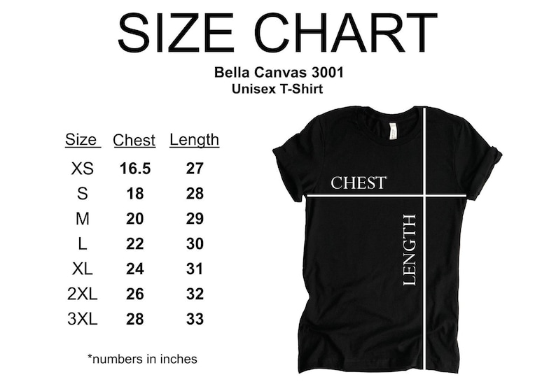 May include: Size chart for a Bella Canvas 3001 unisex t-shirt. The chart shows the chest and length measurements in inches for sizes XS to 3XL.