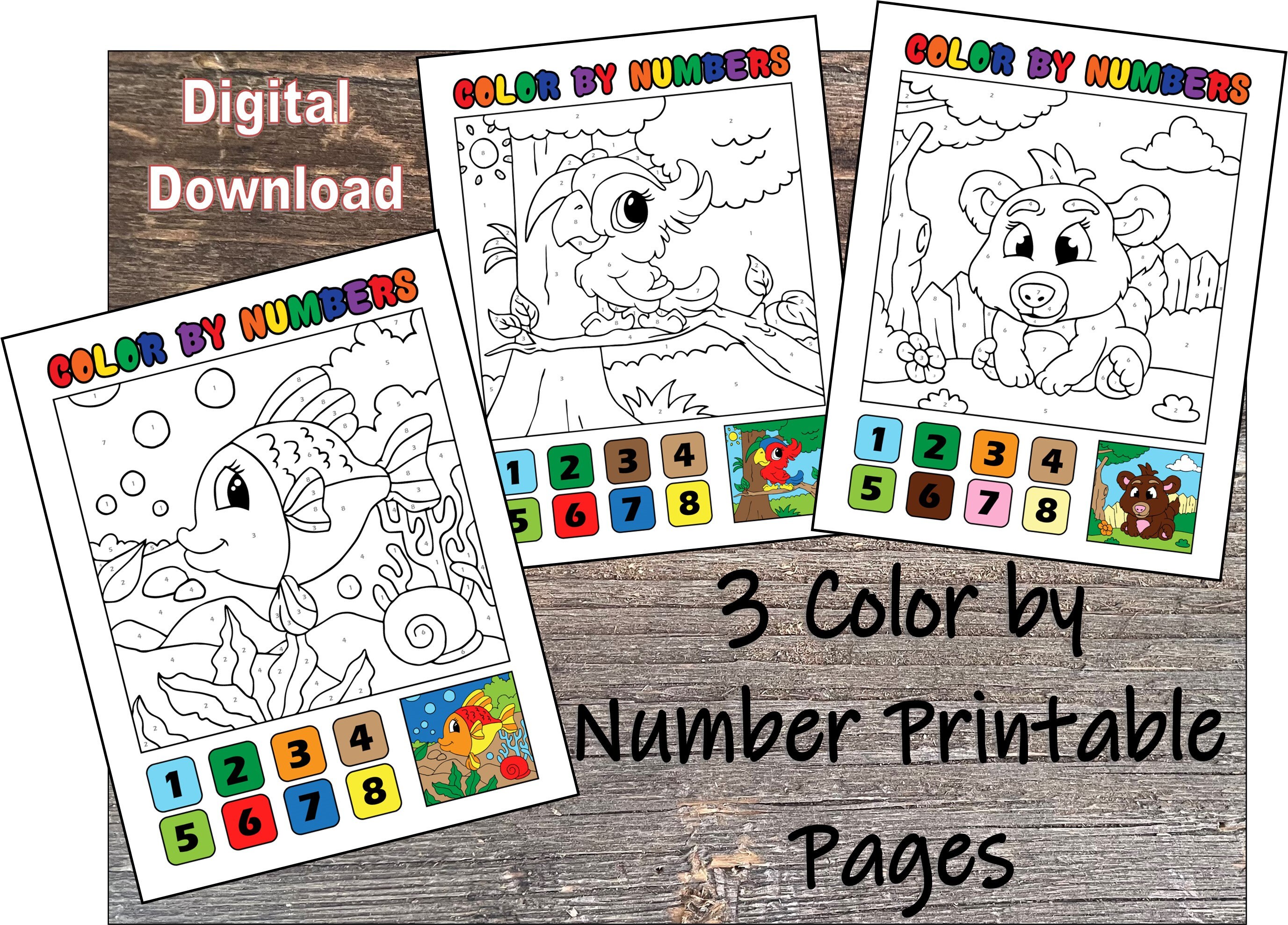 3 Animal Color by Number Pages for Kids Printable Digital | Etsy