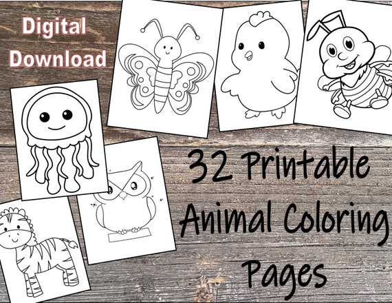 32 Animal Coloring Pages for Kids Printable Digital
