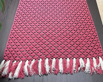 Vintage Pink Crochet Afghan with Tassels