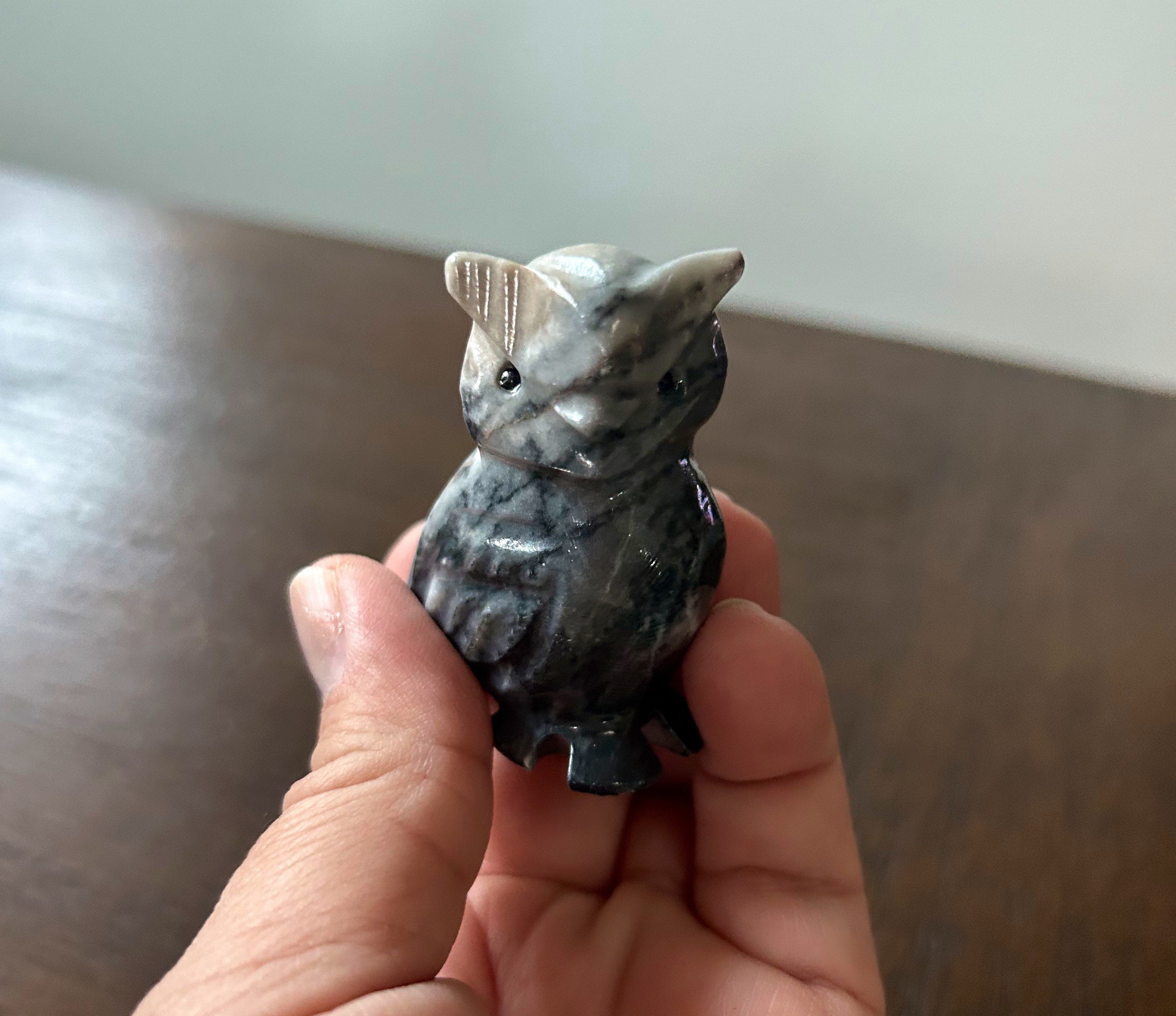 Hand Carved Black and White Stone Owl