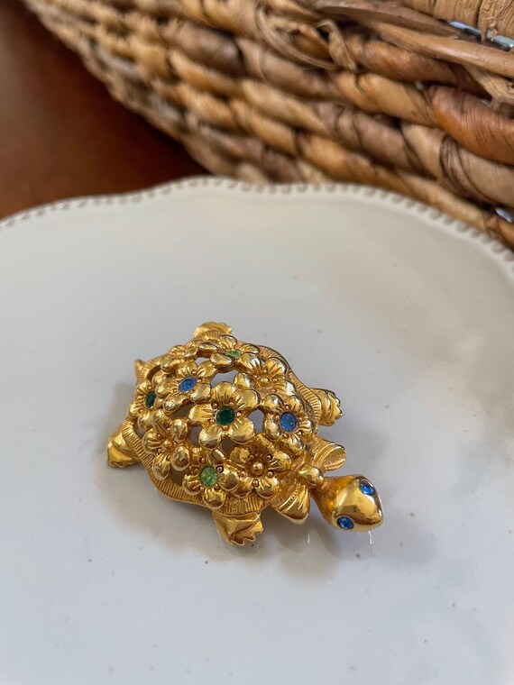 Turtle brooch with multi colored crystals - image 2