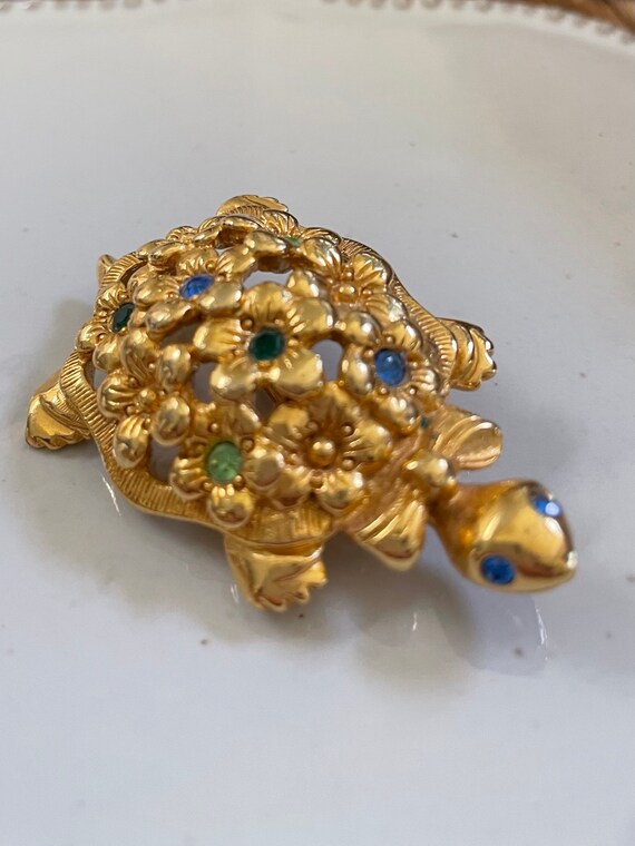 Turtle brooch with multi colored crystals - image 1