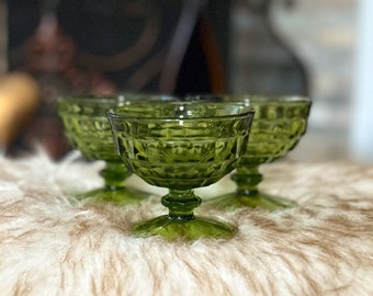 Set of three (3) Vintage Whitehall Avocado Green Dessert | Tall Sherbet Footed Glasses by Colony