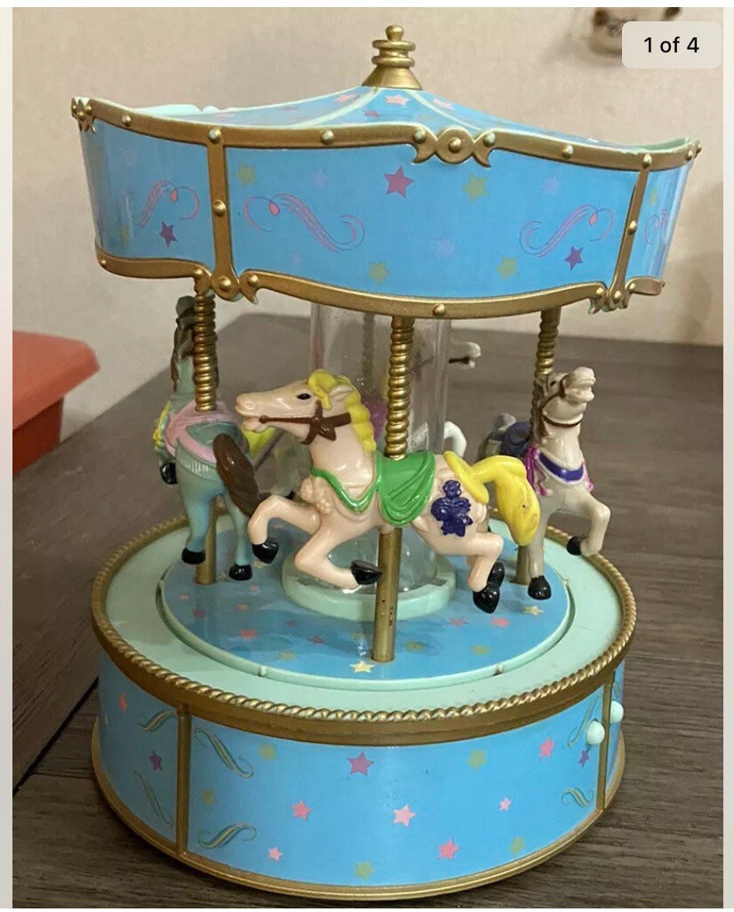 Vintage Blue tin and Plastic Merry Go Round Works Great picture picture photo