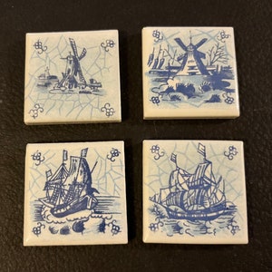 Vintage 4 Small Blue Delft Tiles Holland Lot Windmills & Ships 1.75” Square