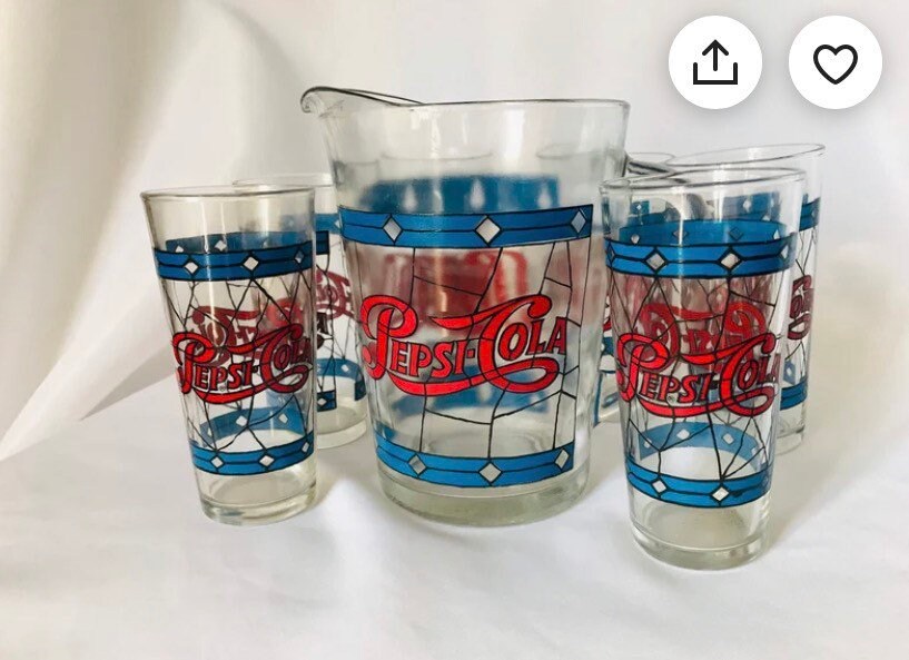PEPSI グラス　アドバタイジング　5個 ビンテージ　ペプシ Vintage 1970 Pepsi Tiffany Stained Glass Style Heavy Pitcher and