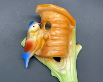 Jarrón de pared de bolsillo con forma de pájaro sobre casa de pájaros de Checoslovaquia, de colección vintage, de Chalkware