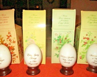 Set of 4 Avon Four Seasons Porcelain Eggs With Wooden Stand - Seasonal Birds Flowers & Nature New In Boxes