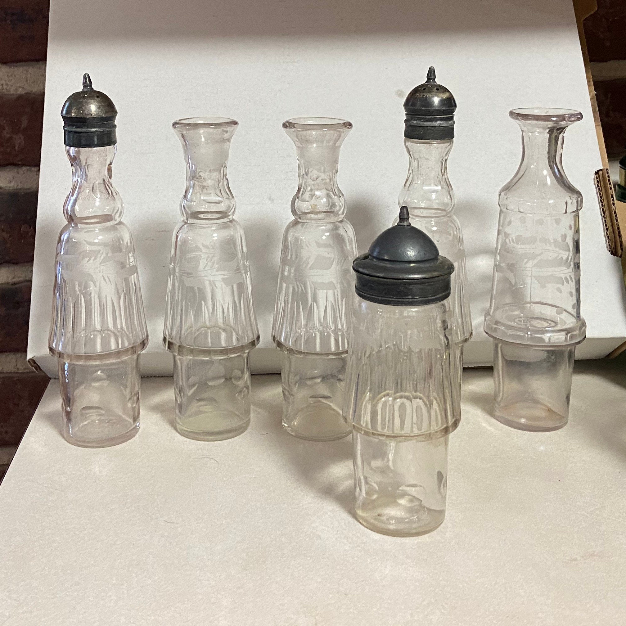 1890s Antique Victorian Pewter Cruet Set 6 Crystal Etched & Etsy