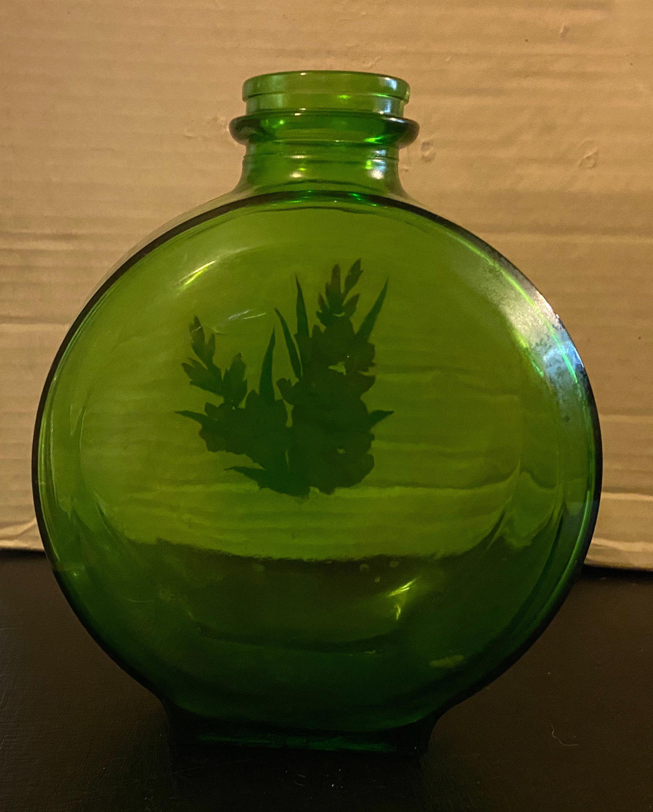 Bouteille réfrigérée vintage en verre vert de jus de pruneau doux au soleil  -  France