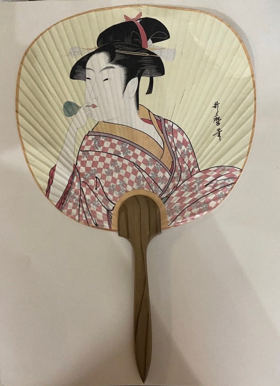Vintage Japanese Hand Decorated Paper & Wood Hand Fan… Gem