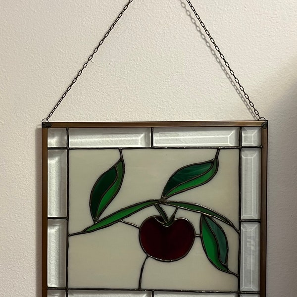 Vintage Collectible 15.5” Wide 13.5” Tall Stained Glass Panel With Apple & Wire Chsin Hanger