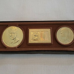 Vintage Collectible 1980-P Limited Edition John F Kennedy Commemorative Gold Coin, Gold Medal & Gold Stamp 24K Gold Plated