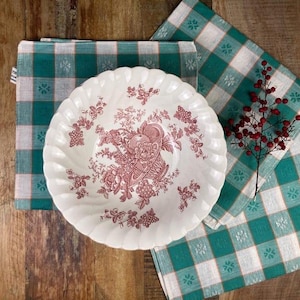 Può includere: Un piatto bianco con bordo smerlato e disegno floreale rosso è posto su un panno a scacchi verde e bianco. Un rametto di bacche rosse poggia su un secondo panno a scacchi, creando un'estetica vintage.