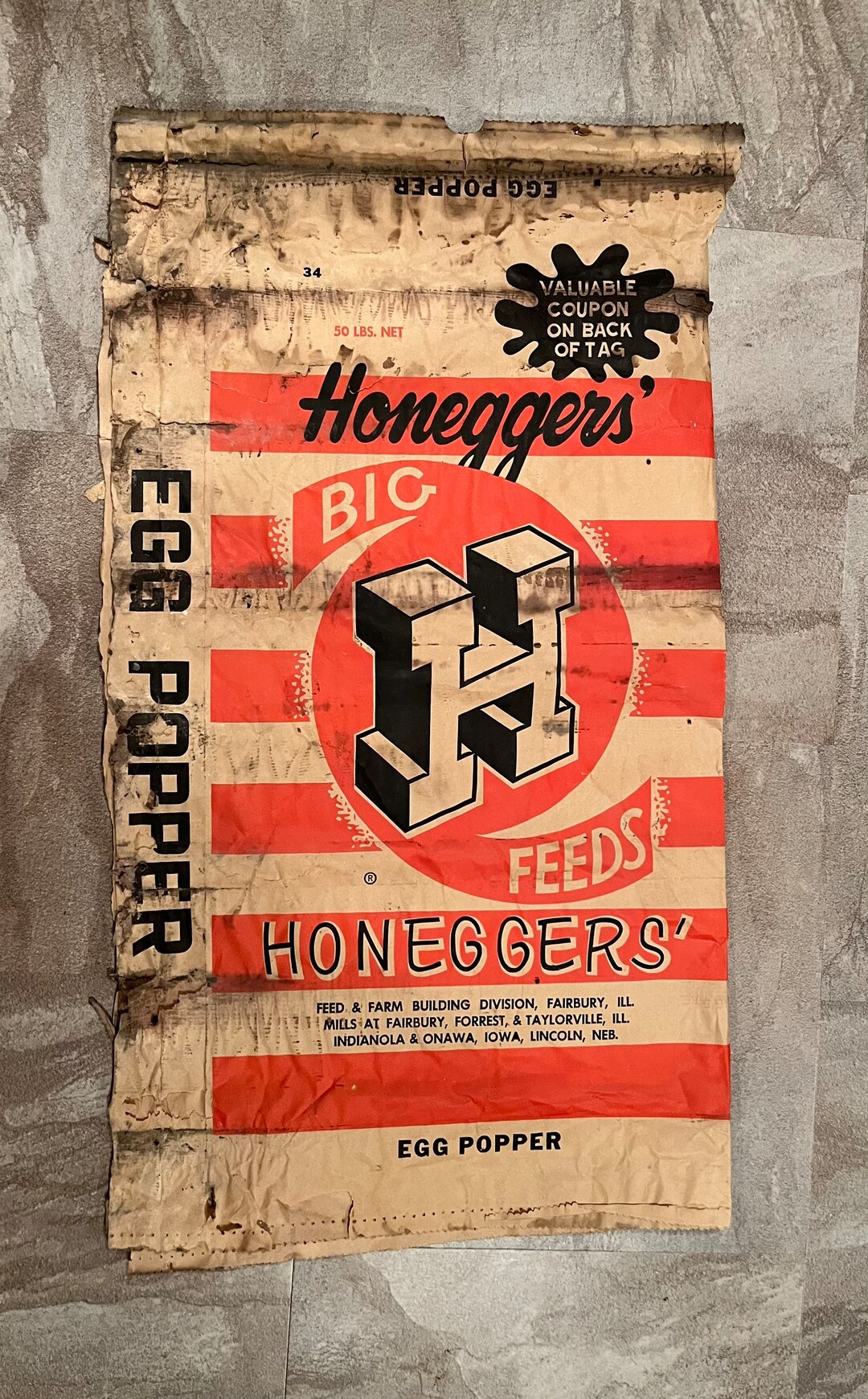 Vintage 1950-1960s Large 50 Pound Feed Sack - Honeggers & Co. Fairbury ...