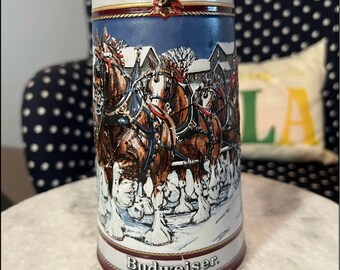 Jarra de cerveza vintage Clydesdale Holiday de Anheuser-Busch - Jarra de cerveza Budweiser de 1989 Ceramarte