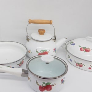 Vintage White Enamelware Cookware Set With Fruit Design