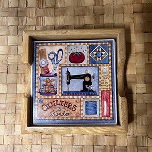 Vintage Collectible Set of 3 Ceramic & Cork Coasters of Quilters in Wooden Tray