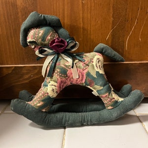 Vintage Collectible Plush Cloth Toy Rocking Horse Cottage Country Decor In Greens & Beige