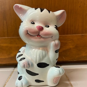 Vintage Whimsical Ceramic Blue and Black Cat 5” Coin Bank
