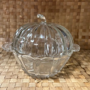 Vintage Collectible Clear Pressed Glass Pumpkin Shaped Candy, Treat Container