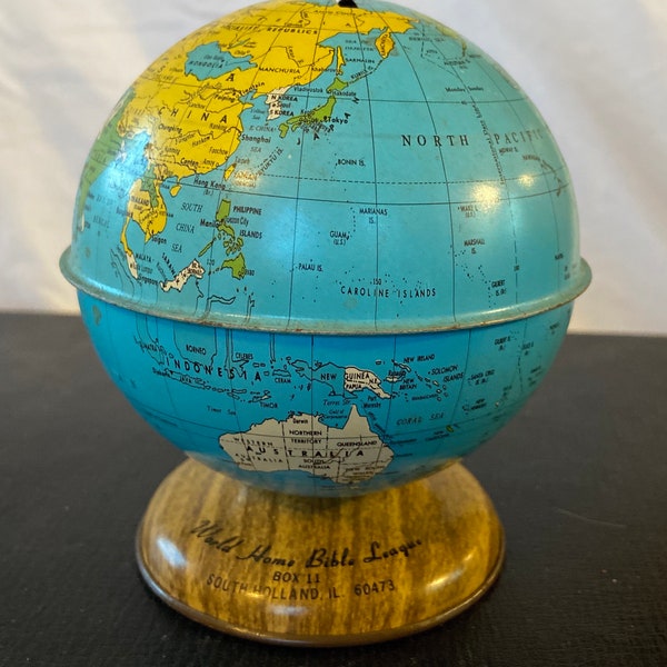 Vintage Collectible Ohio Art Tin Litho Globe/Bank - World Home Bible League