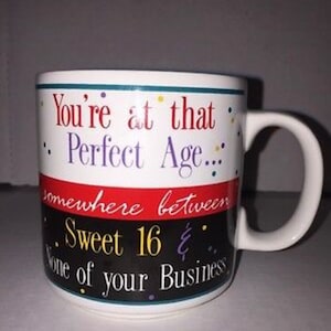 Collectible Papel Freelance “Your at that Perfect Age Somewhere Between Sweet 16 & None of Your Business” Ceramic/Porcelain Coffee Mug