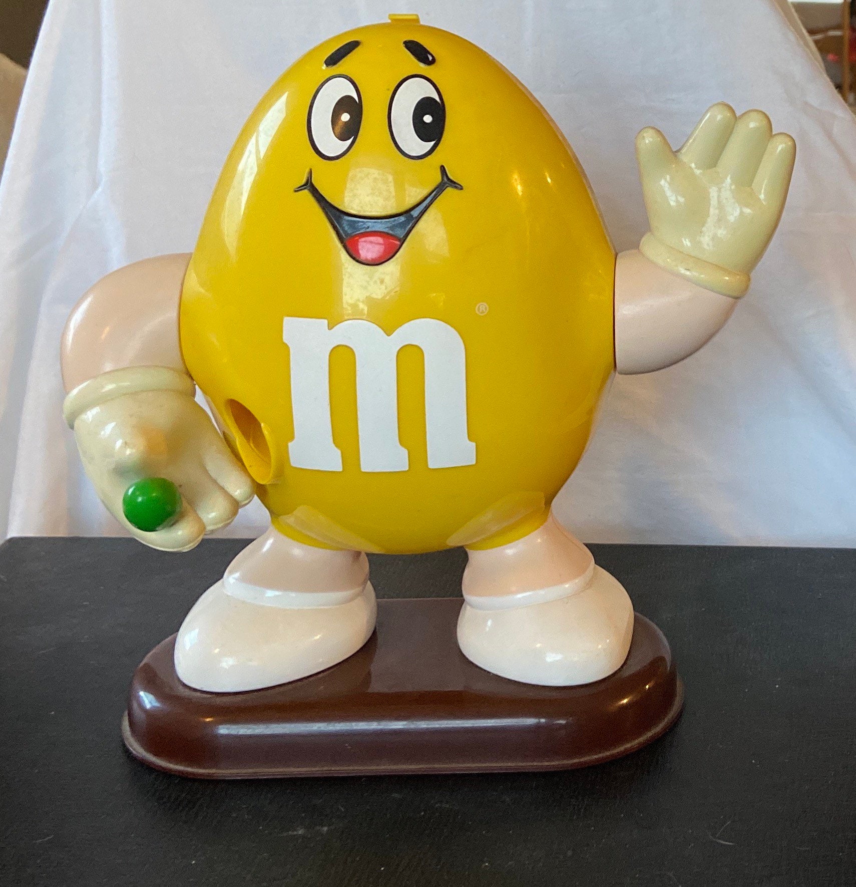 Vintage 1991 Yellow M&M Candy Dispenser Holding Green MM in 