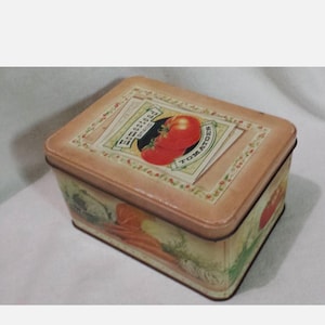 May include: A vintage-style metal tin with a cream background and a red tomato illustration. The tin has a border of small red flowers and green leaves. The text on the tin reads "Fresh From The Garden Tomatoes".