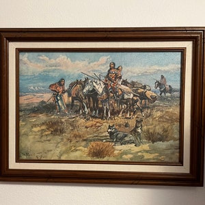 Vintage Collectible Charles M Russell Late 1800s to Early 1900s Oil Painting “Breaking Camp” 1960s Reproduction
