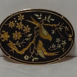 Vintage Collectible Damascene Brooch/Pin Birds And Flowers Gold on Black