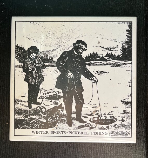 Vintage Currier & Ives 6X6 Art Tile 'winter Sports - Pickerel