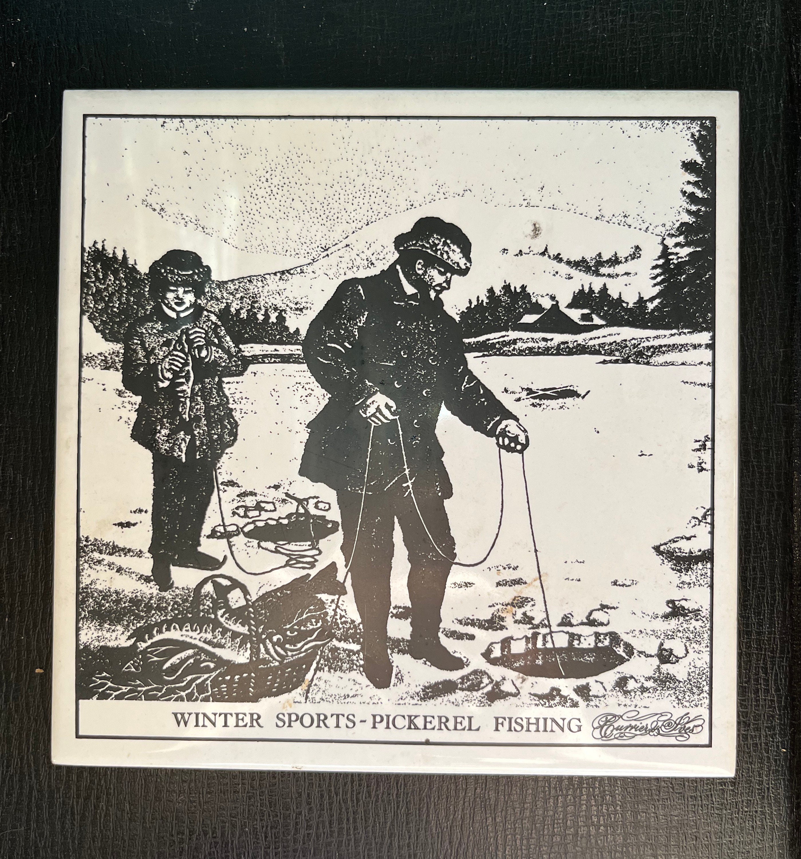 Vintage Currier & Ives 6X6 Art Tile 'winter Sports - Pickerel