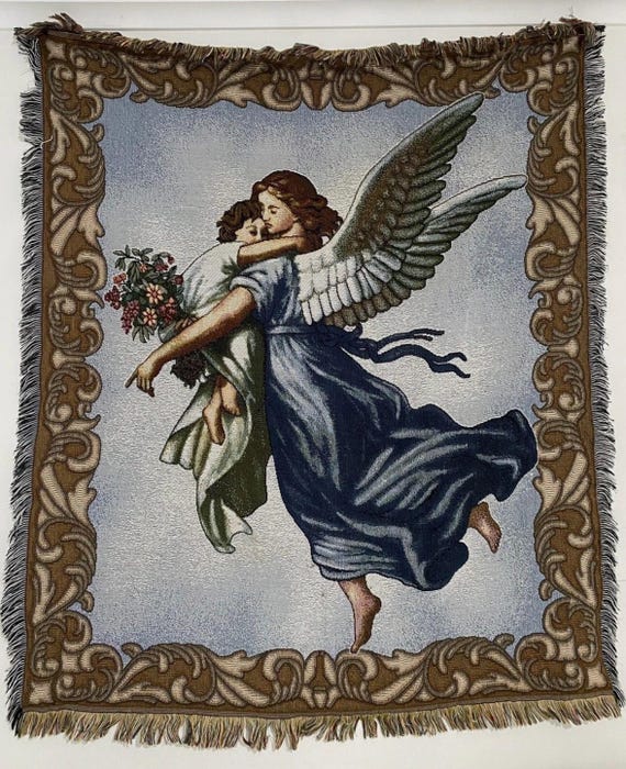 Vintage Guardian Angel Holding Child Tapestry Woven Throw Soft
