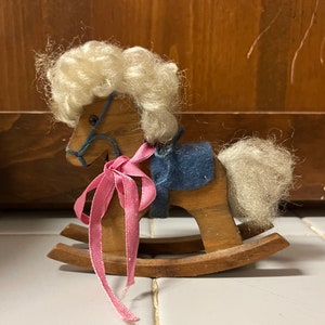 Vintage Collectible Wooden Toy Rocking Horse With brown Fluffy White Mane & Tail