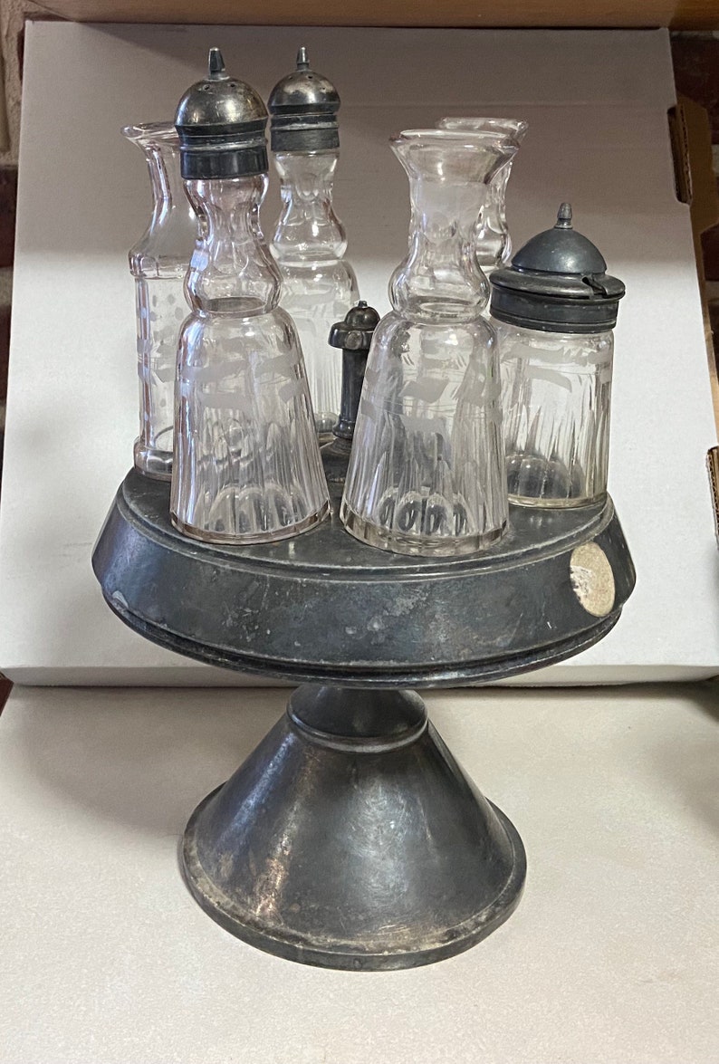 1890s Antique Victorian Pewter Cruet Set 6 Crystal Etched & Etsy