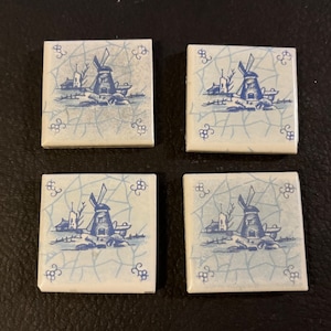 Vintage 4 Small Blue Delft Tiles Holland Lot Windmill 1.75” Square