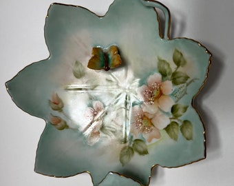 Vintage Collectible Hand Painted Floral With Beautiful Butterfly Candy/Nut/Trinket Dish