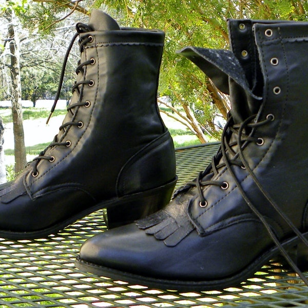 Vintage USA Leather PACKER Western BOOTS Black Lace Up Kiltie Roper Womens 6.5 --DURANGOs?
