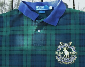 Vintage Polo Ralph Lauren Blackwatch Polo TEAM Shirt--ALL Embroidery on Blackwatch Plaid XL= Chest 48"