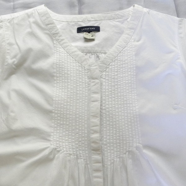 Vintage Lands End White cotton Blouse-- banded V neckline multiple tucks Womens L 14-16--Chest 48