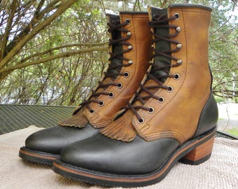 Vintage Double H USA Leather Packer BOOTS Western Lace up 2 Color Ropers Kiltie working Womens 9